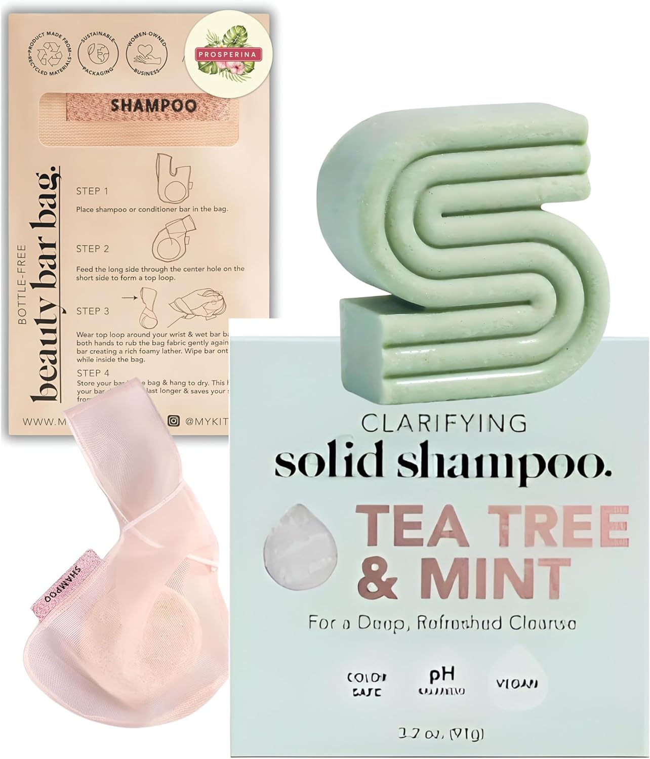 Anti Dandruff Tea Tree & Mint Shampoo Bar Clarifying Shampoo Bar(Includes Kitsch Products) & Beauty Soap Bar Bag Bundle-Includes a Prosperina Card